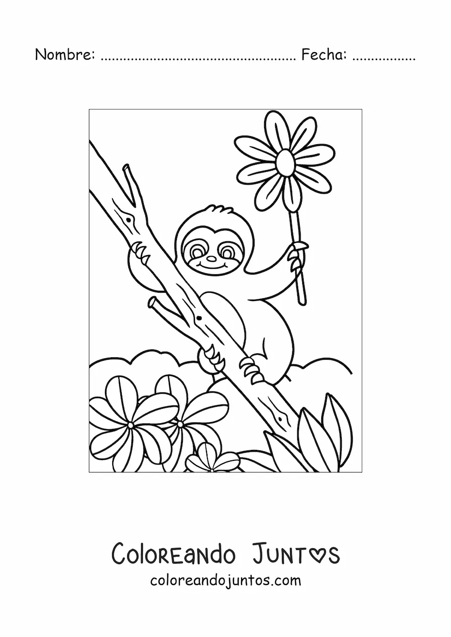 Imagen para colorear de pereza animada kawaii con flores de primavera