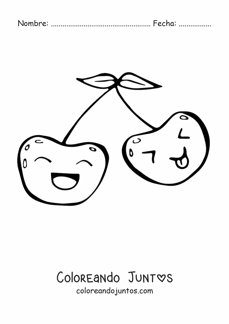 Imagen para colorear de dos cerezas kawaiis sonriendo y sacando la lengua