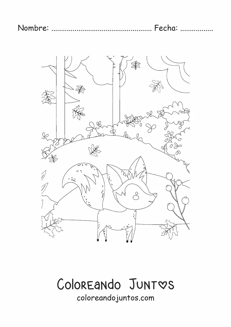 Imagen para colorear de zorro kawaii en bosque de otoño