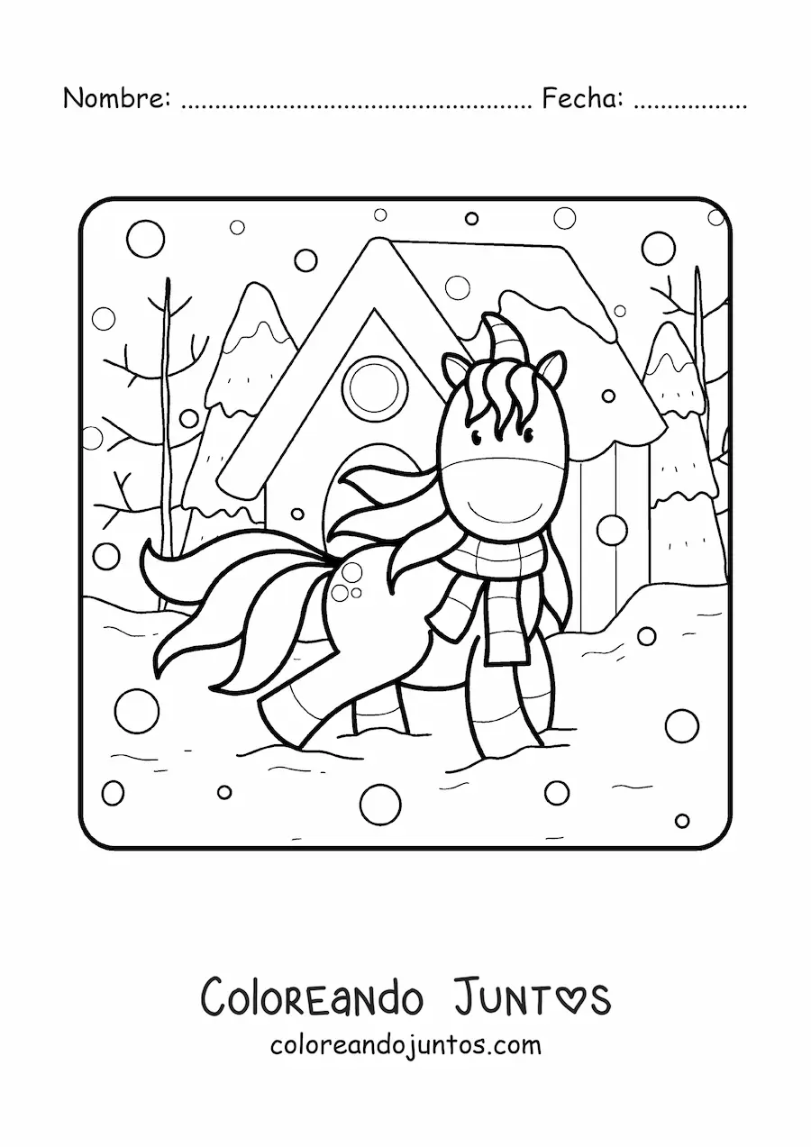 Imagen para colorear de unicornio de paseo en invierno