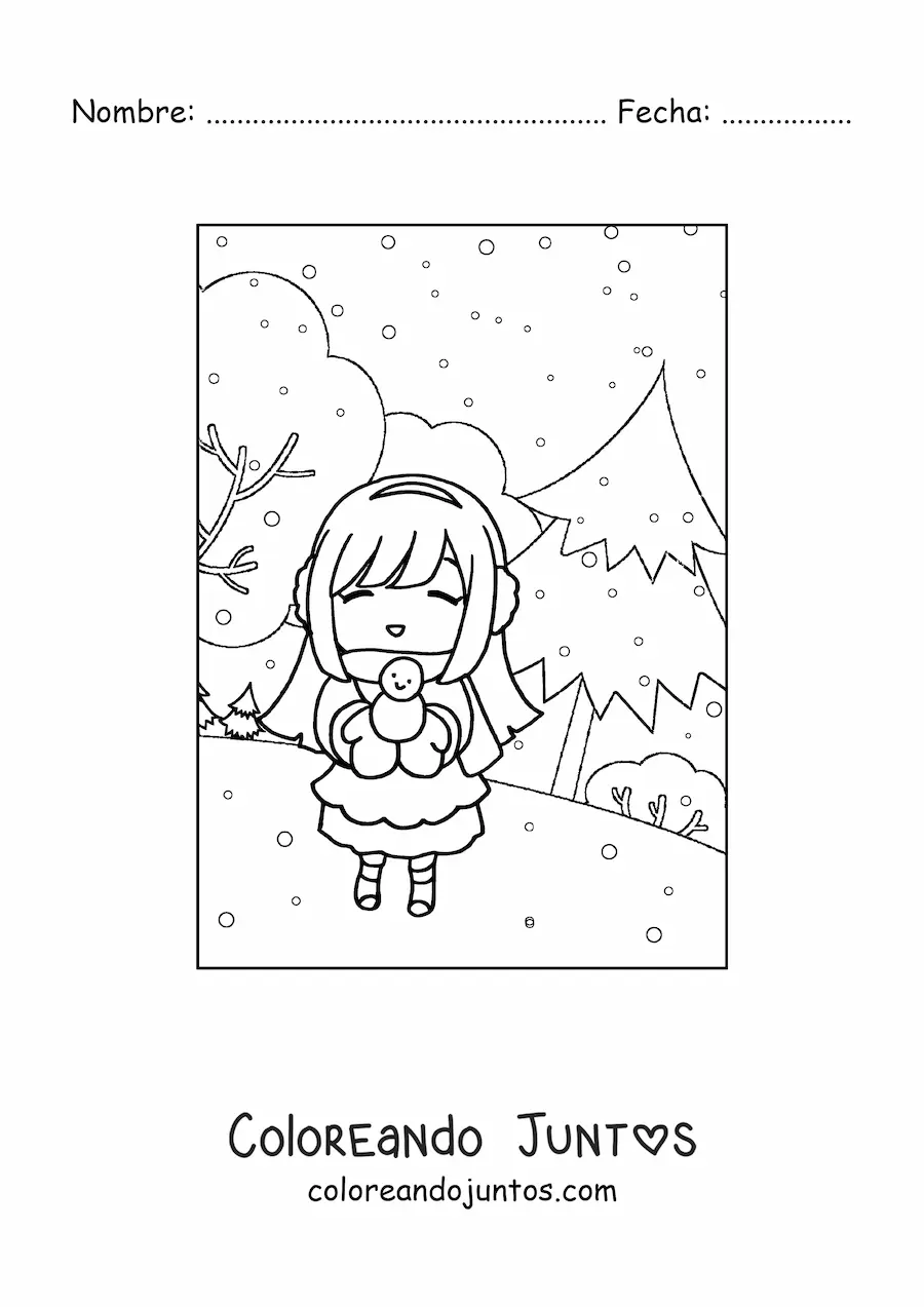 Imagen para colorear de niña kawaii en bosque de invierno