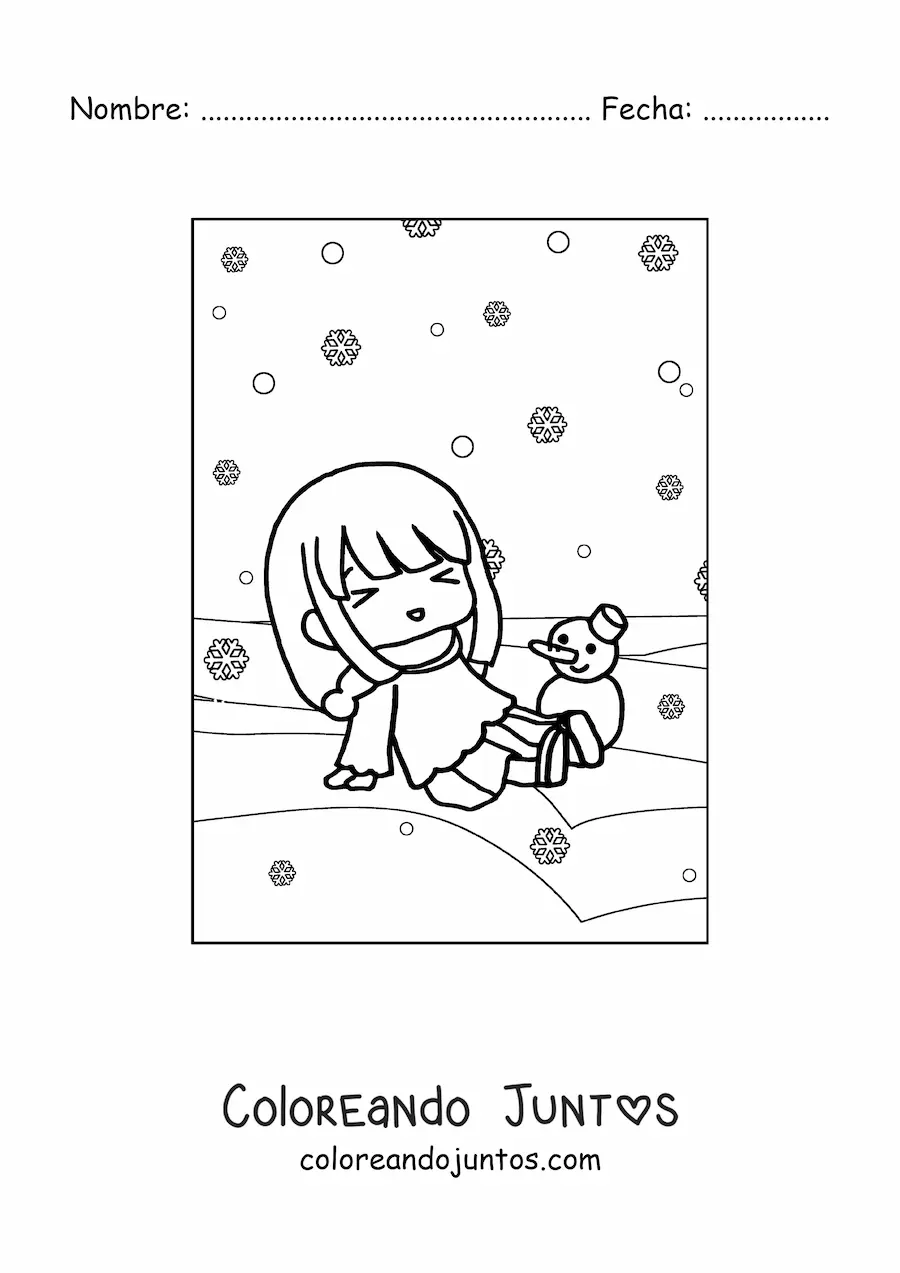 Imagen para colorear de niña kawaii en nevada de invierno