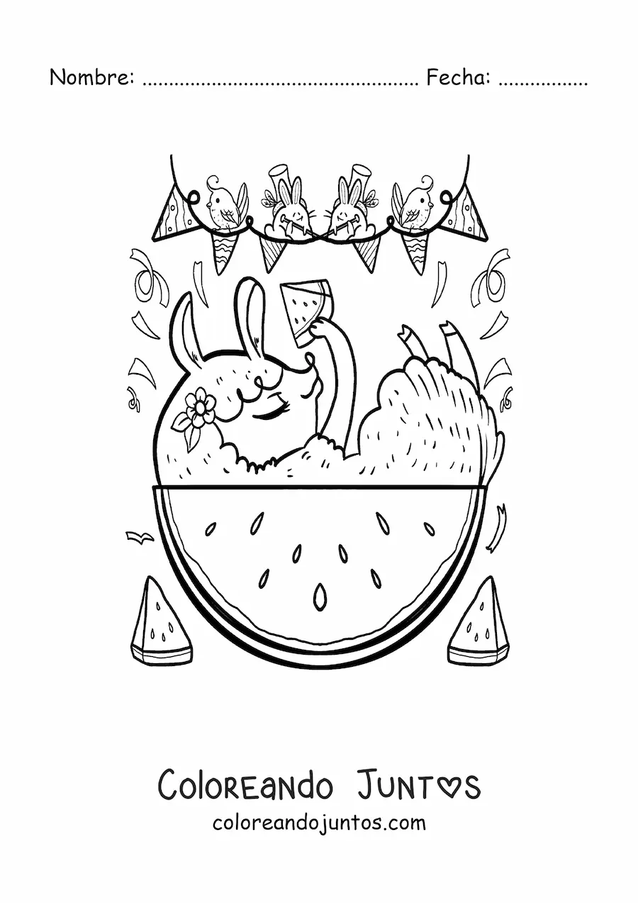 Imagen para colorear de animales kawaii animados comiendo sandía