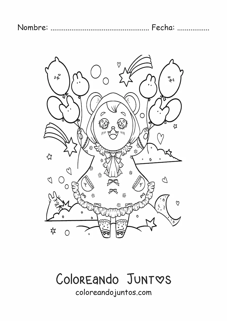 Imagen para colorear de osita kawaii animada con vestido y globos