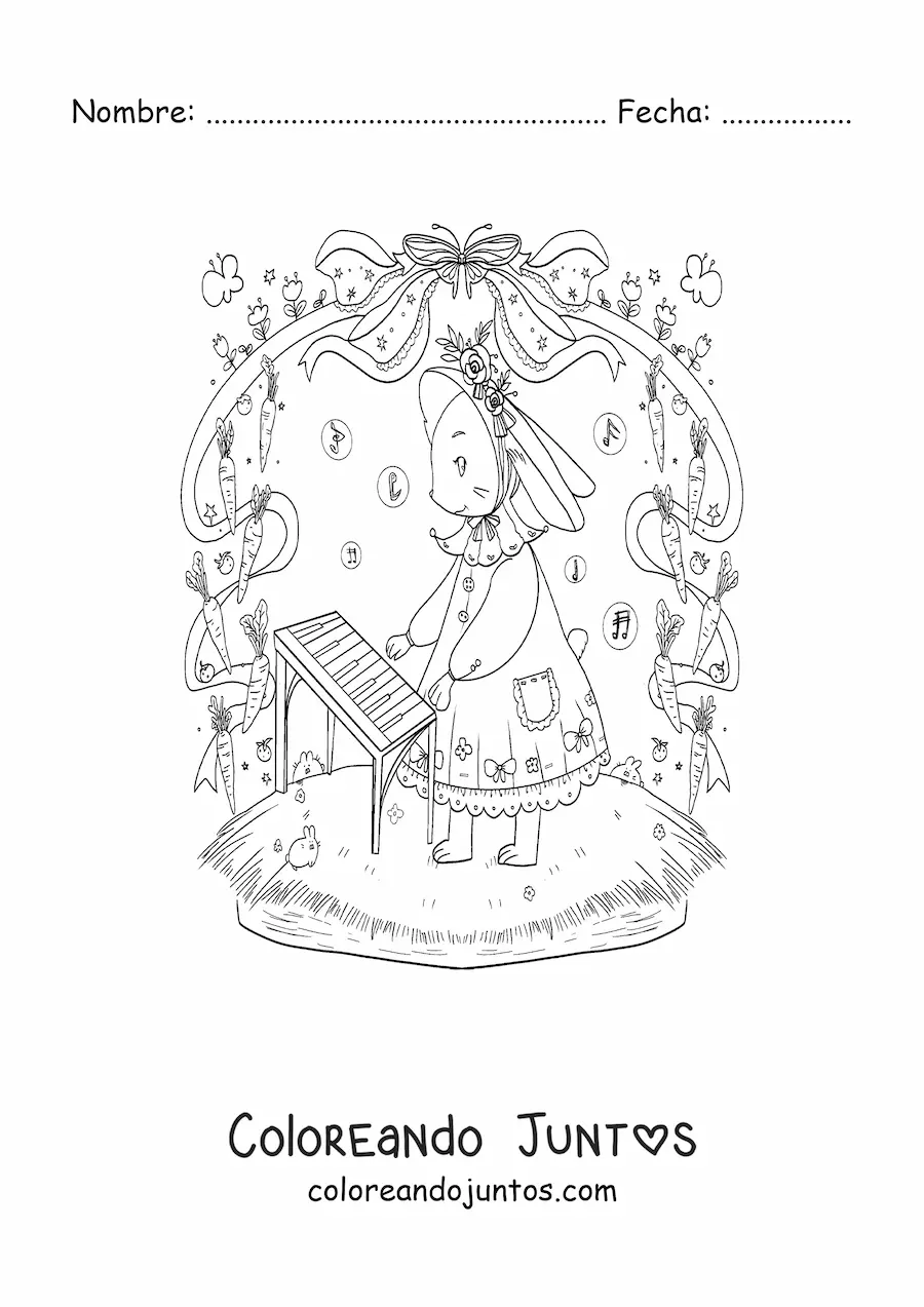 Imagen para colorear de conejita kawaii animada tocando el piano