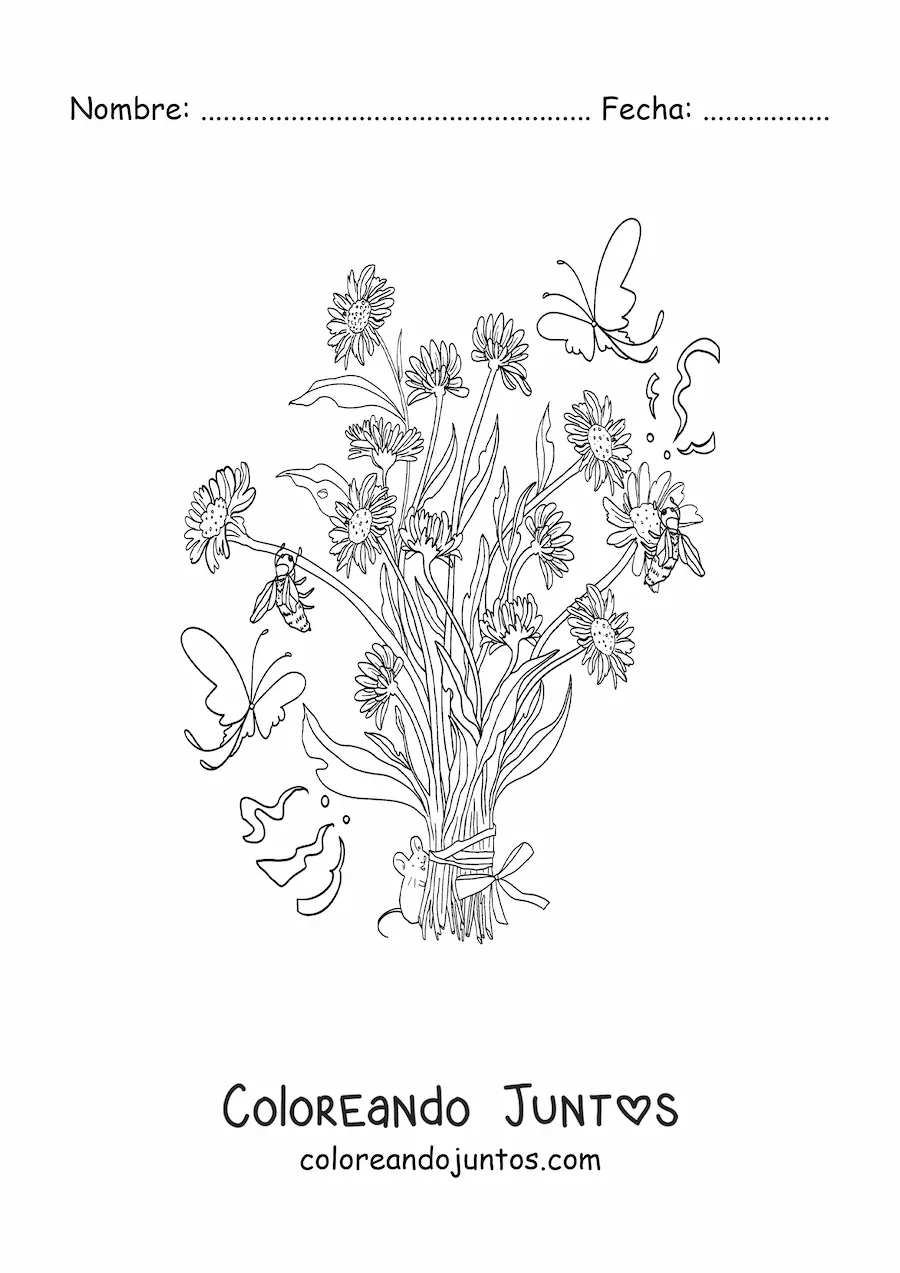 Imagen para colorear de ramo de flores con ratón kawaii animado y mariposas