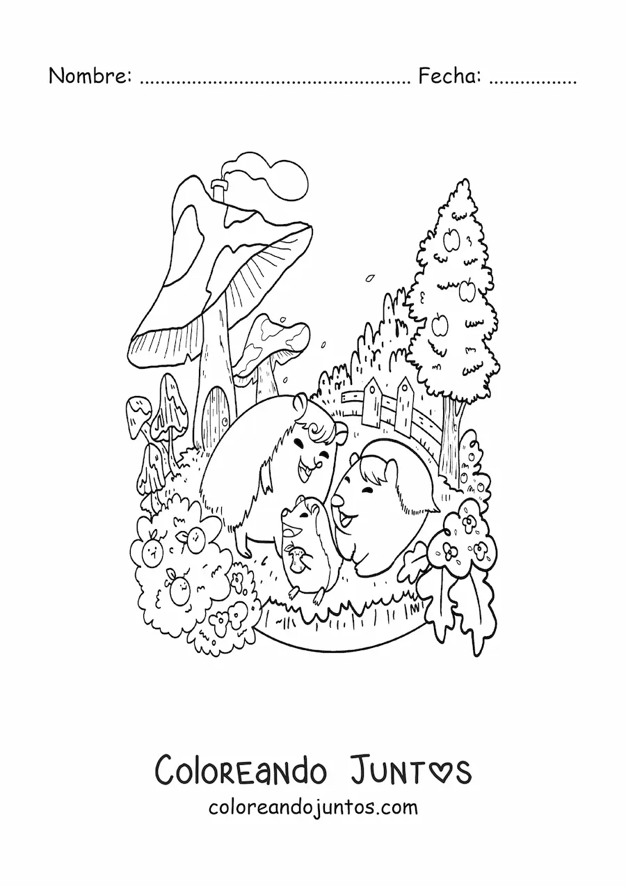 Imagen para colorear de puercoespines kawaii animados en un jardín mágico