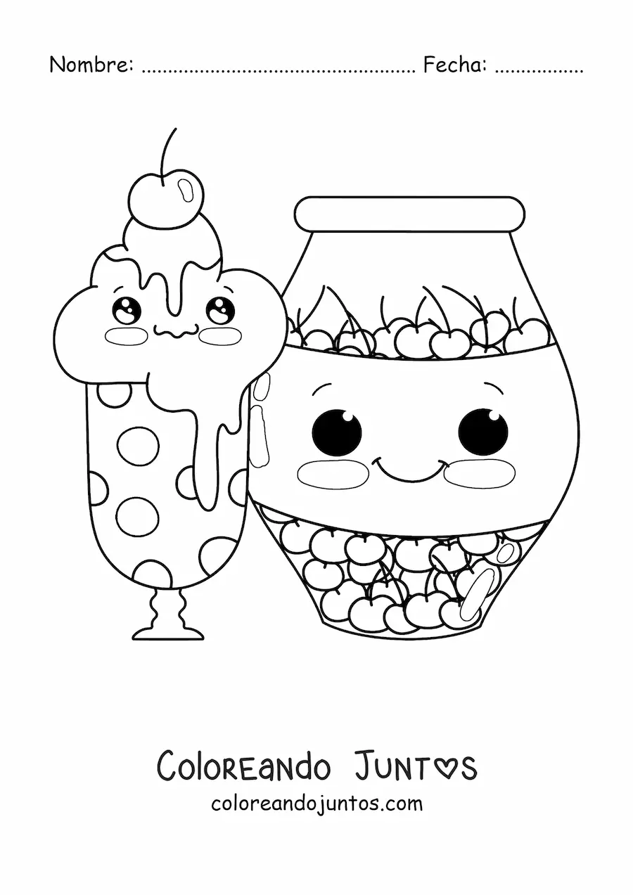 Imagen para colorear de un helado kawaii con una cereza  y un frasco de cerezas al lado