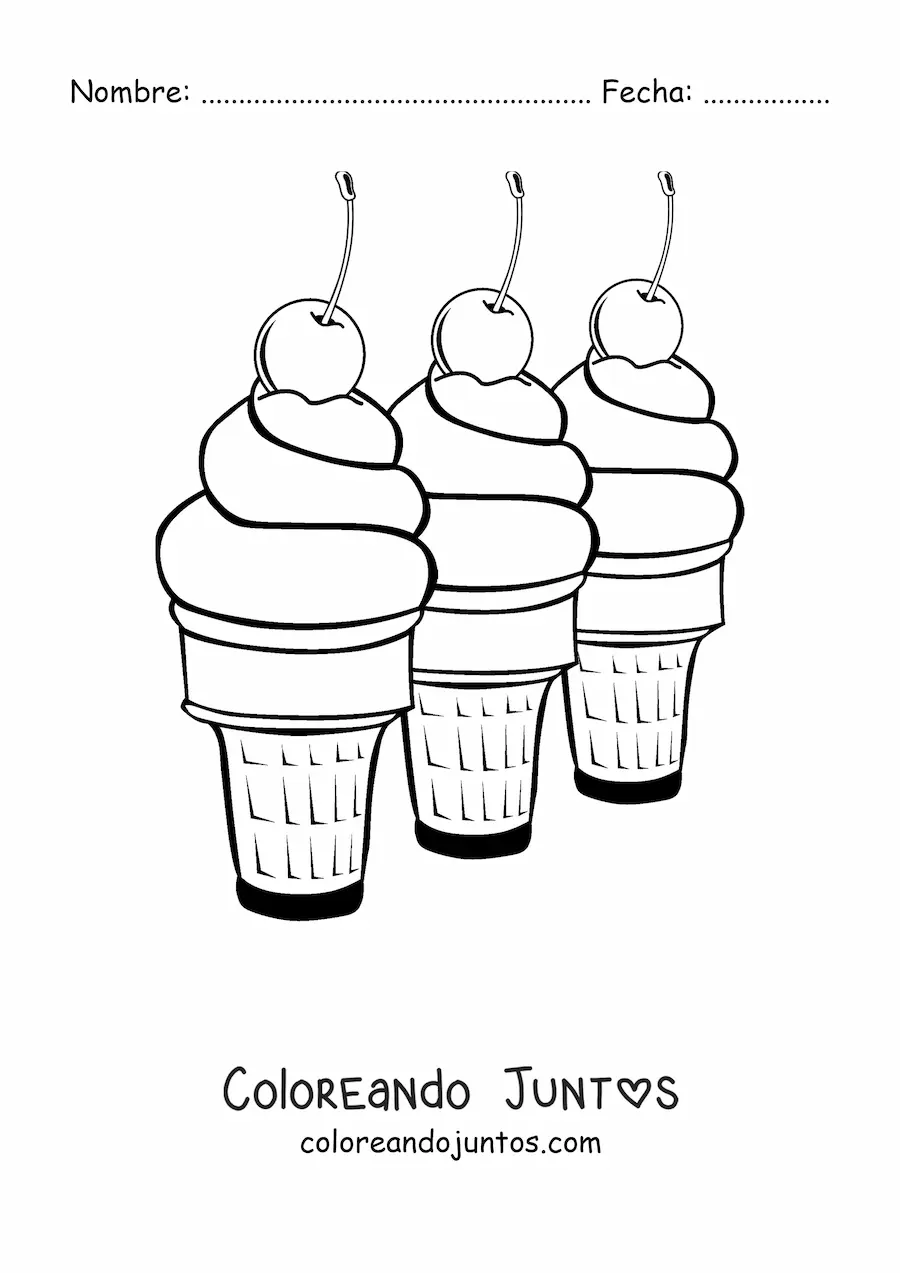 Imagen para colorear de tres helados en fila con cerezas