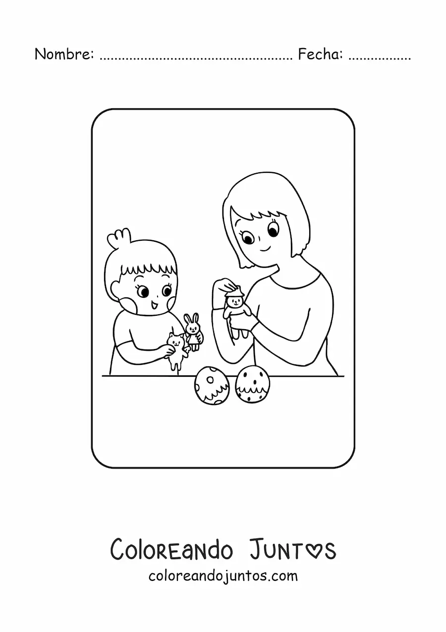 Imagen para colorear de niña kawaii jugando con muñecas con su mamá en el Día de las Madres