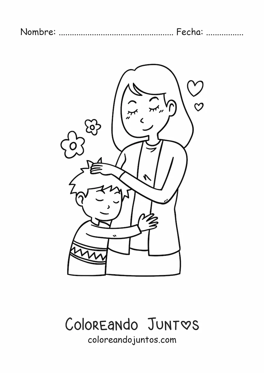 Imagen para colorear de niño kawaii abrazando a su mamá en el Día de las Madres