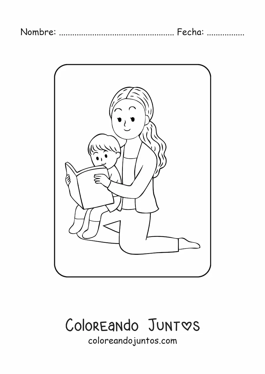 Imagen para colorear de niño kawaii leyendo con su mamá en el Día de las Madres