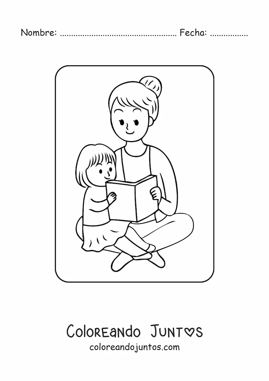 Imagen para colorear de niña kawaii leyendo con su mamá en el Día de las Madres