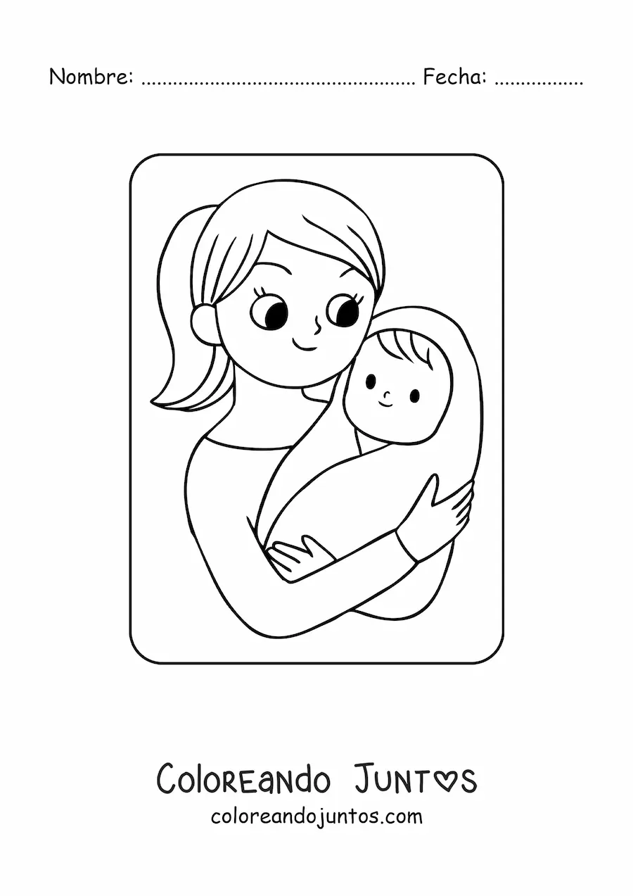 Imagen para colorear de bebé kawaii en brazos de su mamá en el Día de las Madres