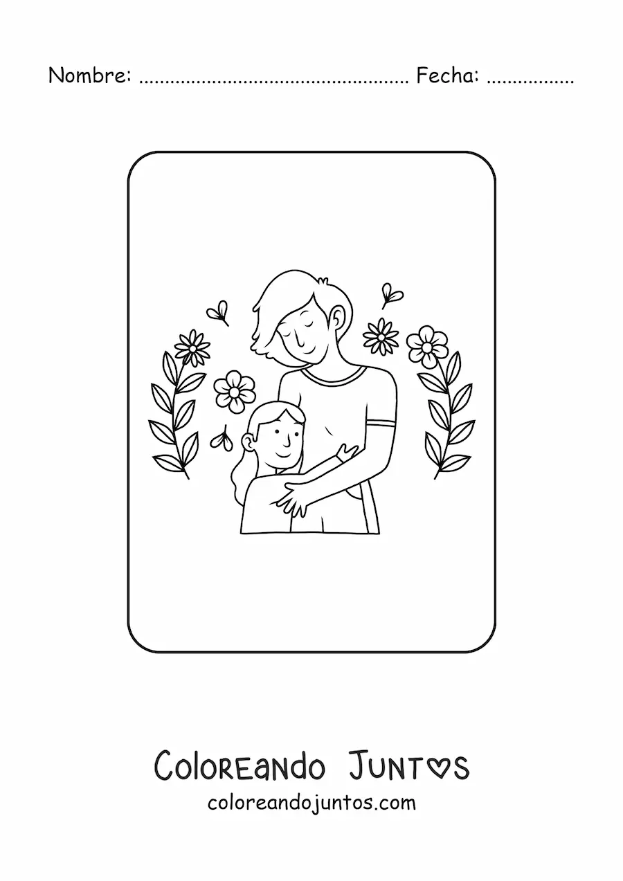 Imagen para colorear de niña kawaii abrazando a su mamá en el Día de las Madres