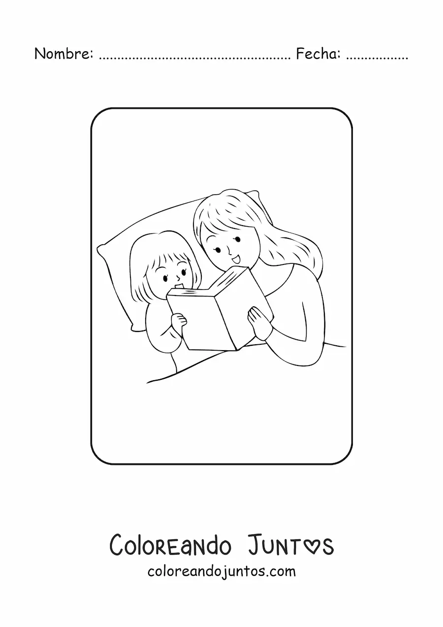 Imagen para colorear de mamá leyendo un cuento a su hija