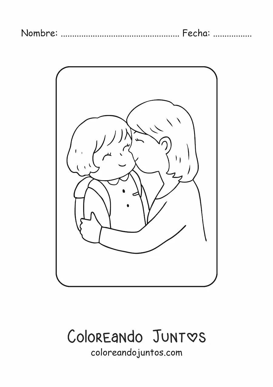 Imagen para colorear de mamá dándole un beso a su hija antes de ir al colegio