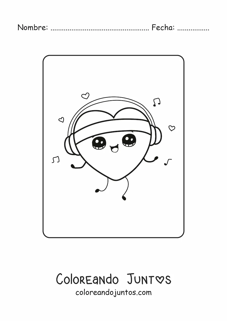 Imagen para colorear de corazón kawaii escuchando música