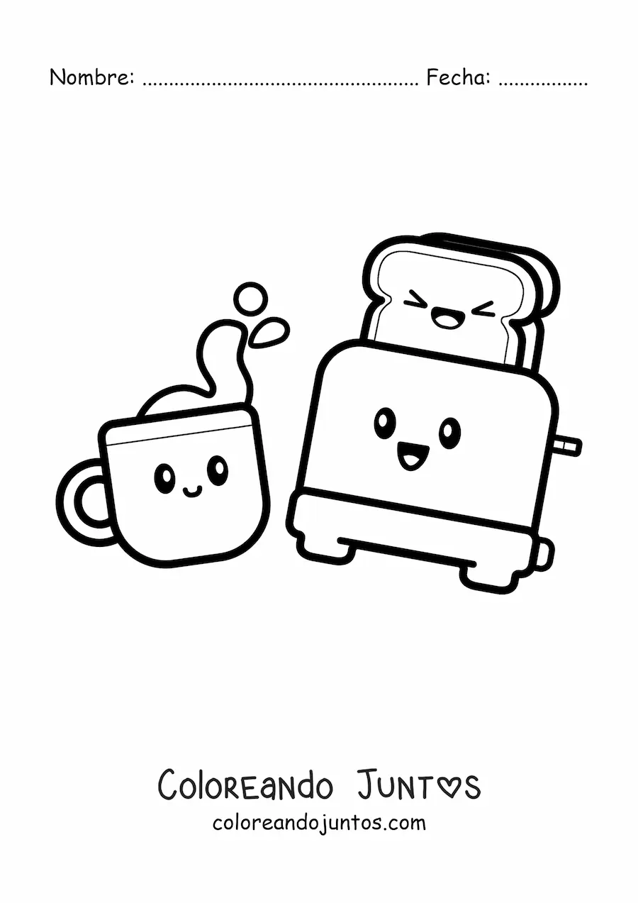 Imagen para colorear de desayuno de café y tostada kawaii animada
