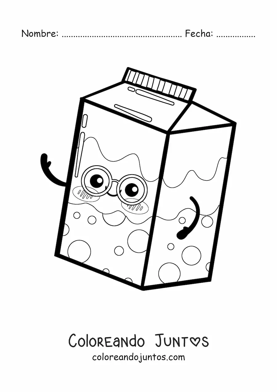 Imagen para colorear de cartón de leche kawaii animada con lentes