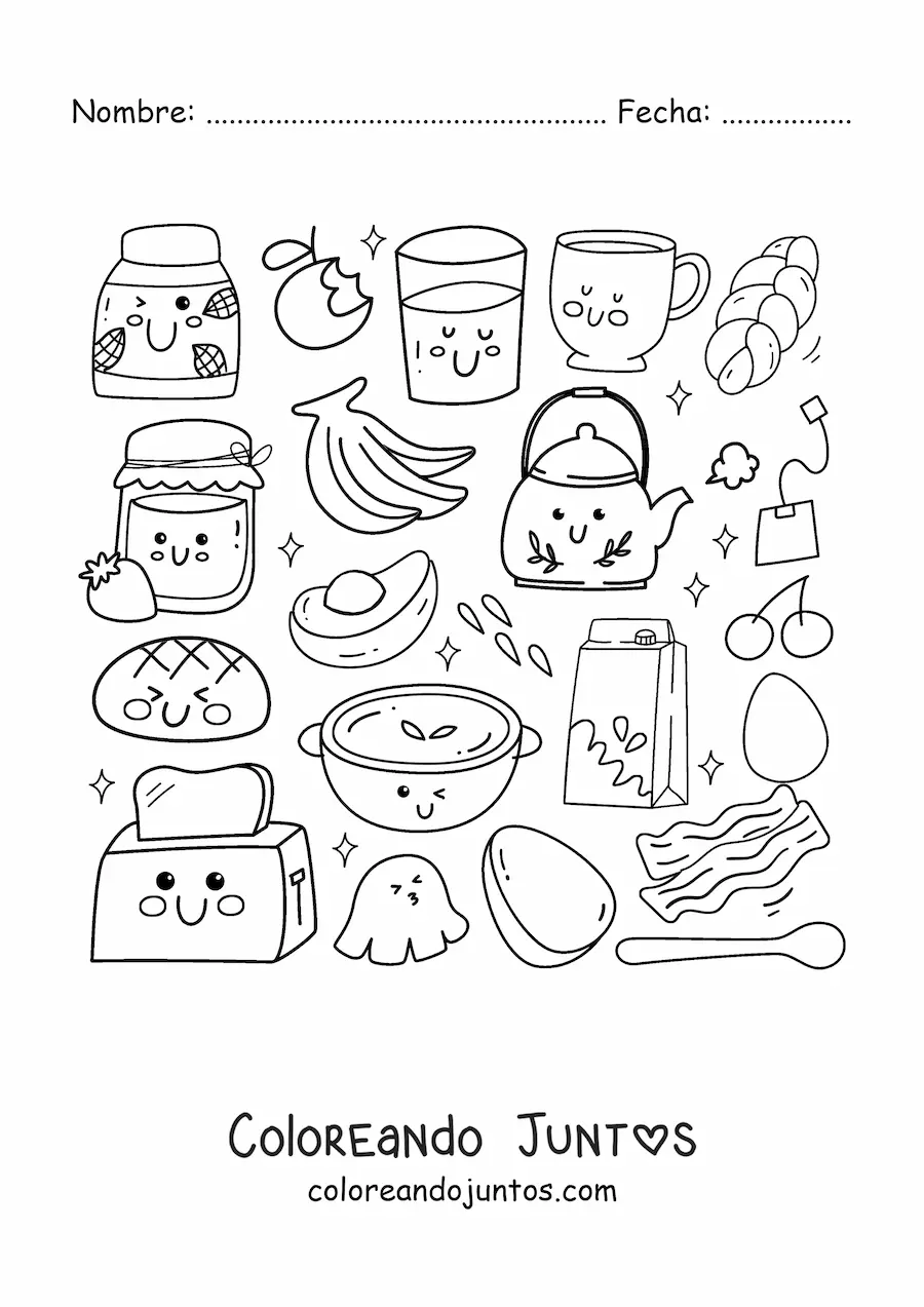 Imagen para colorear de alimentos del desayuno kawaii animados