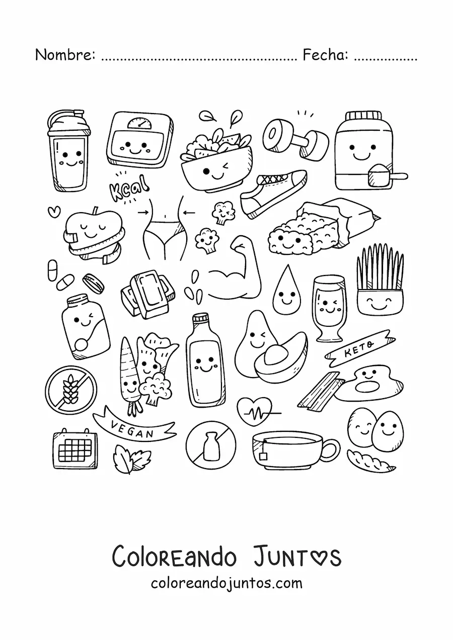 Imagen para colorear de alimentos saludables kawaii animados