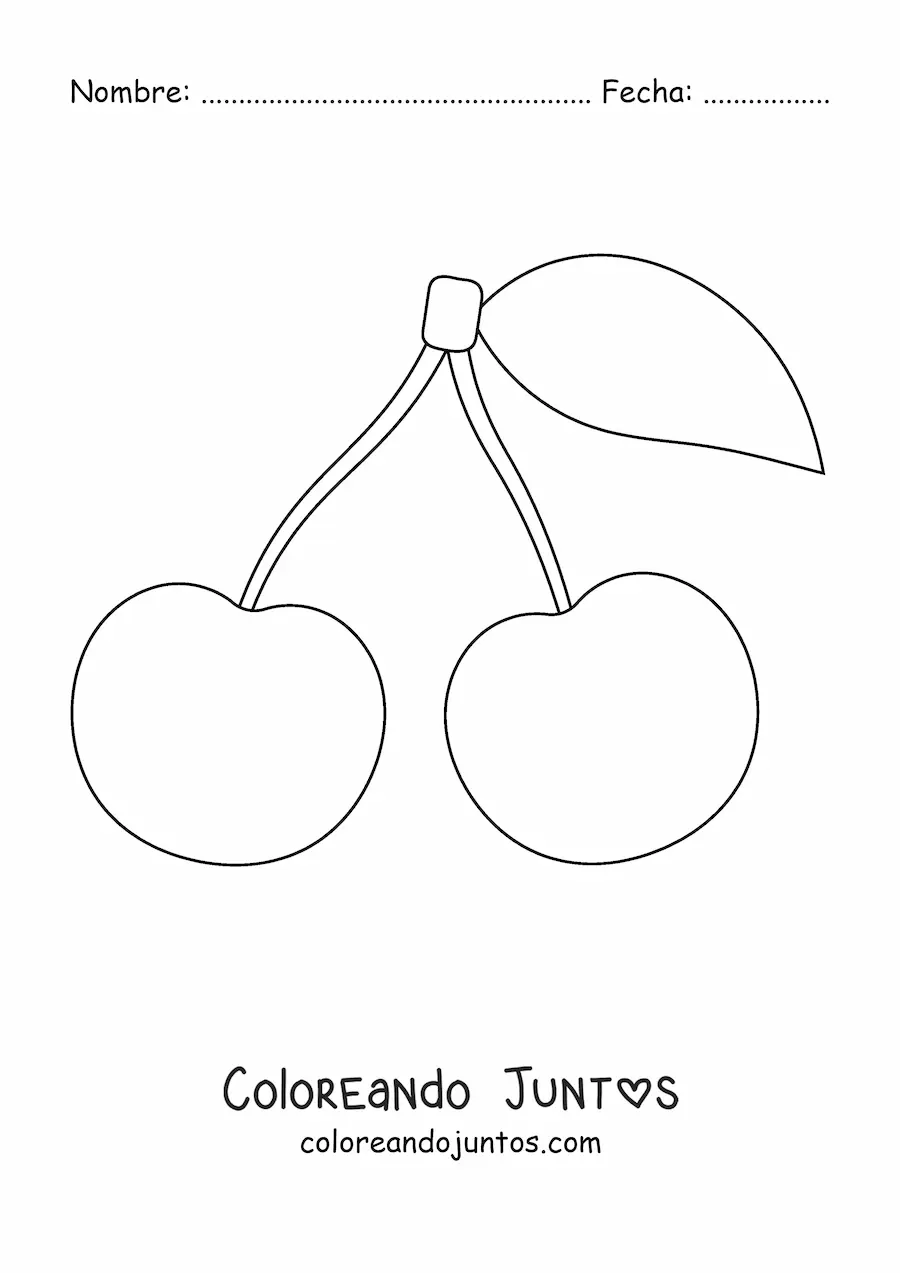 Imagen para colorear de dos cerezas con una hoja