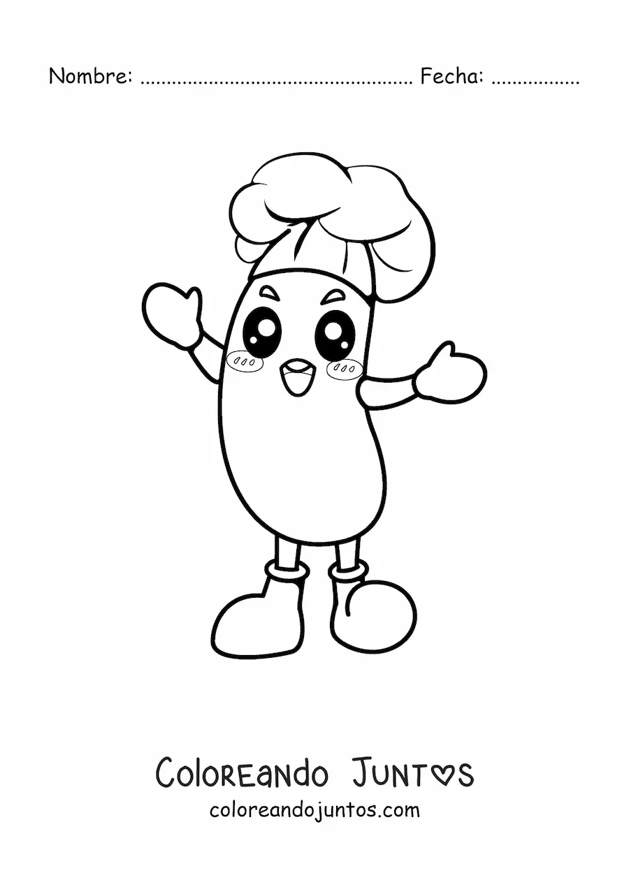 Imagen para colorear de salchicha kawaii animada con gorro de chef