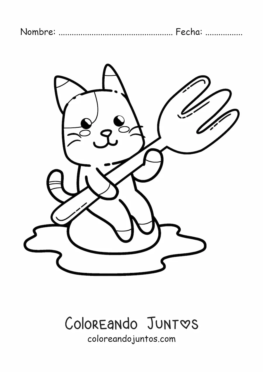 Imagen para colorear de gato animado con un tenedor y un huevo frito
