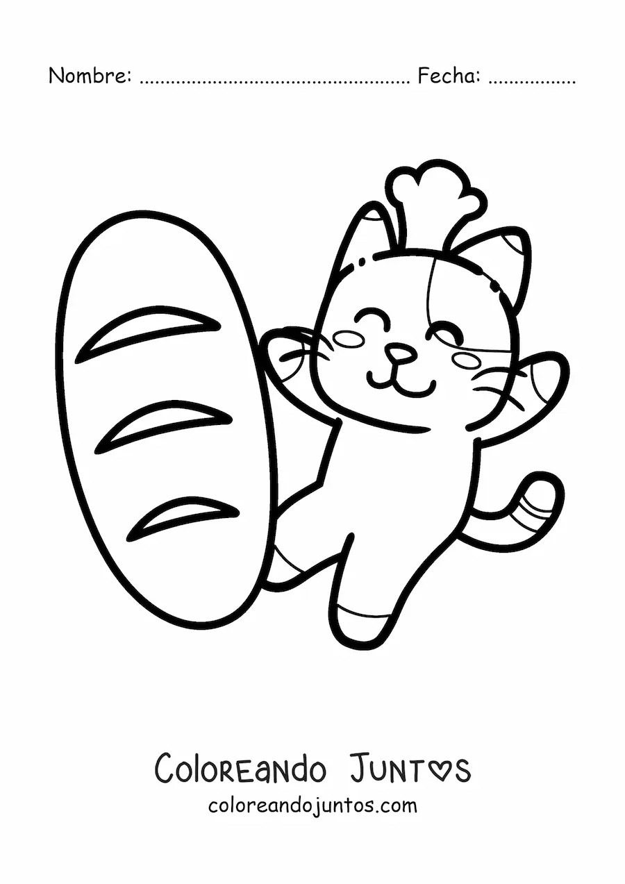 Imagen para colorear de gato kawaii animado con pan de trigo
