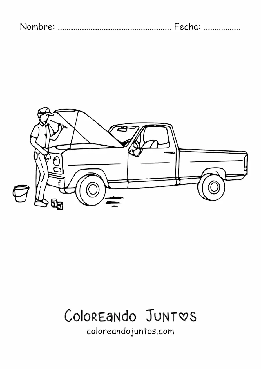 Imagen para colorear de un mecánico reparando una camioneta pickup con el capó abierto