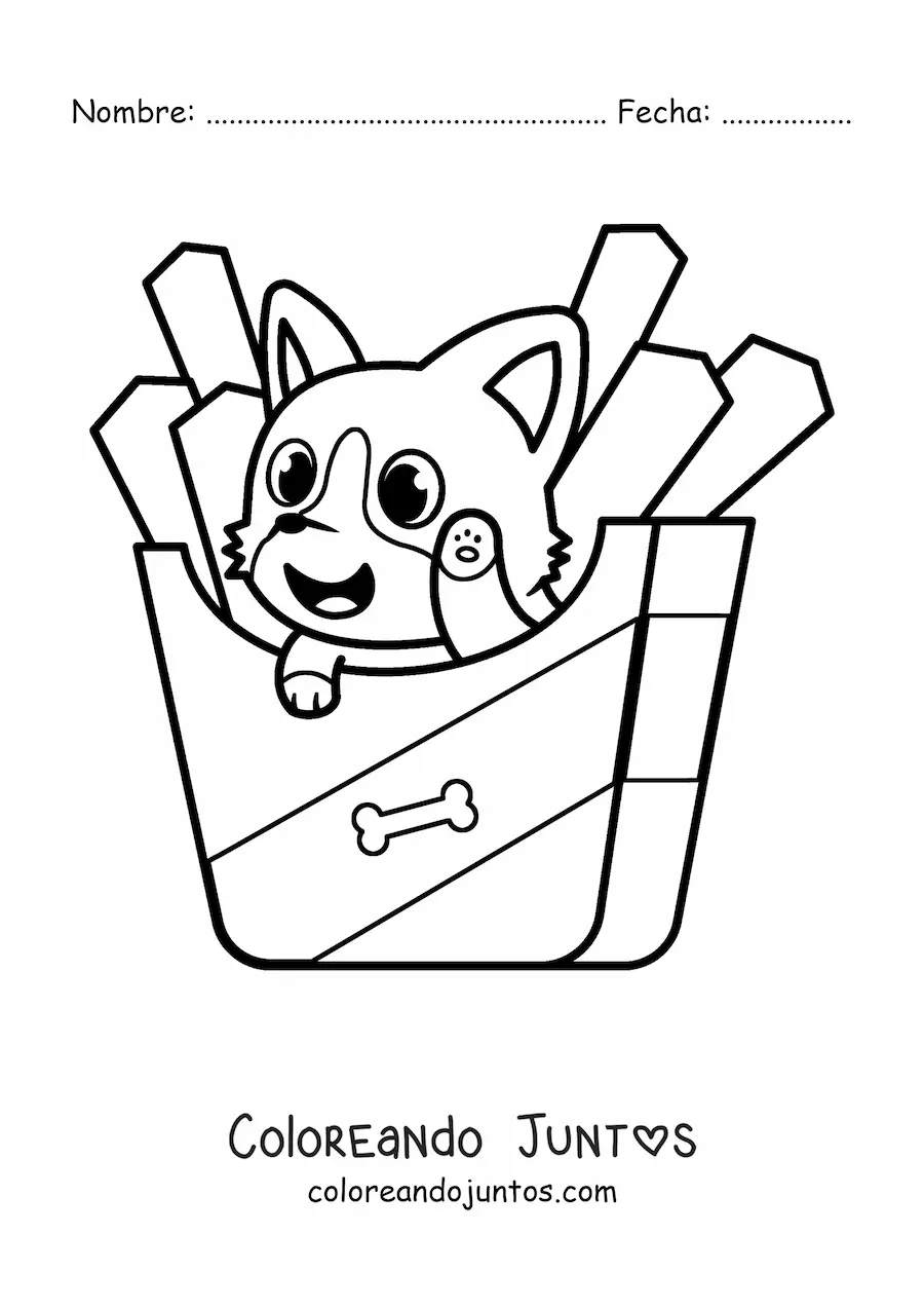 Imagen para colorear de perro kawaii animado con papas fritas