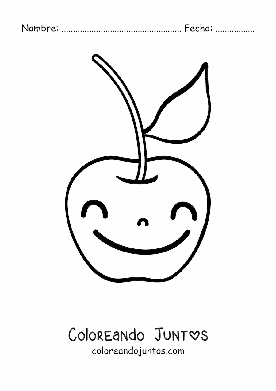 Imagen para colorear una de cereza animada con una gran sonrisa y una hoja
