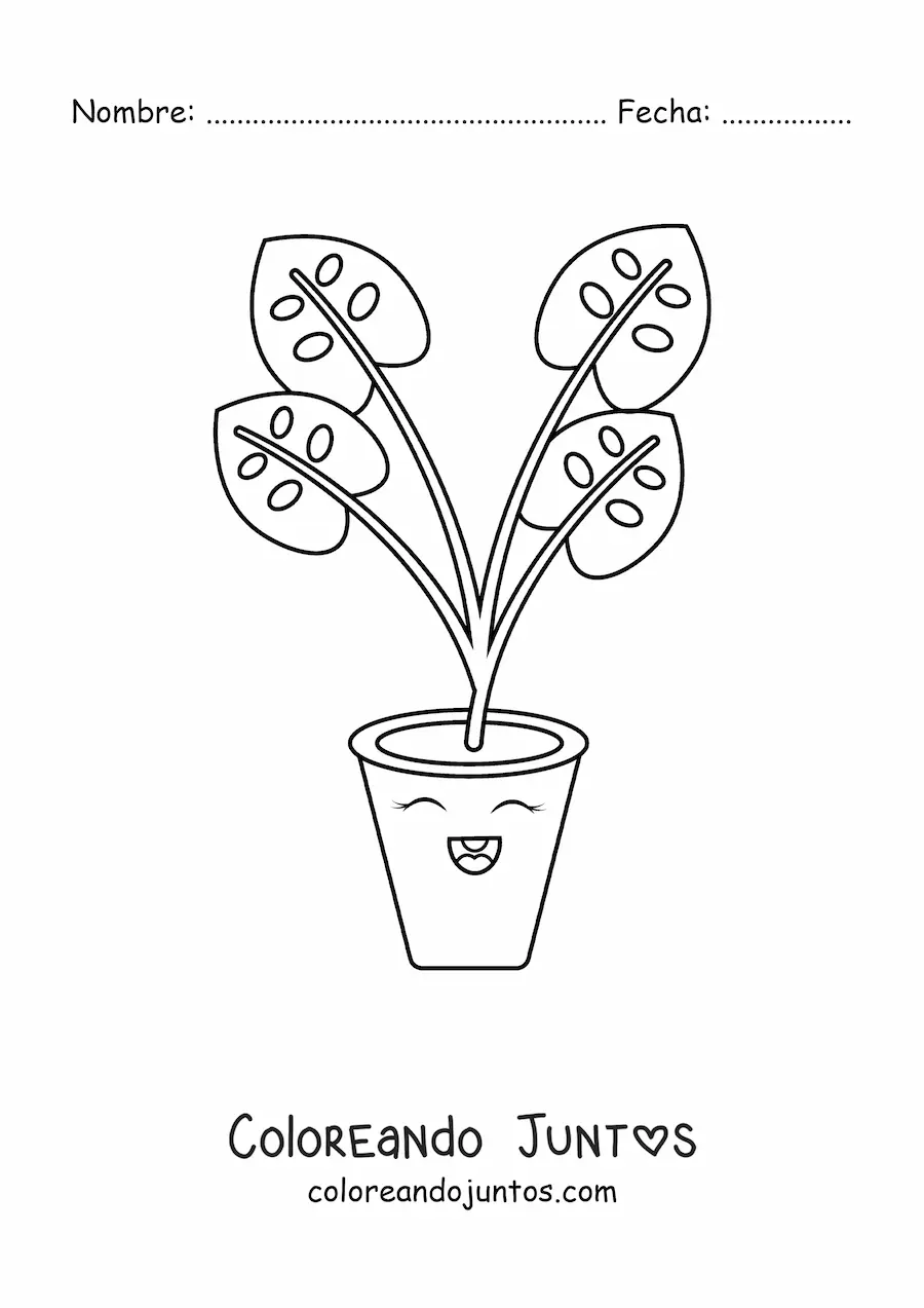 Imagen para colorear de planta con hojas grandes en una maceta kawaii animada