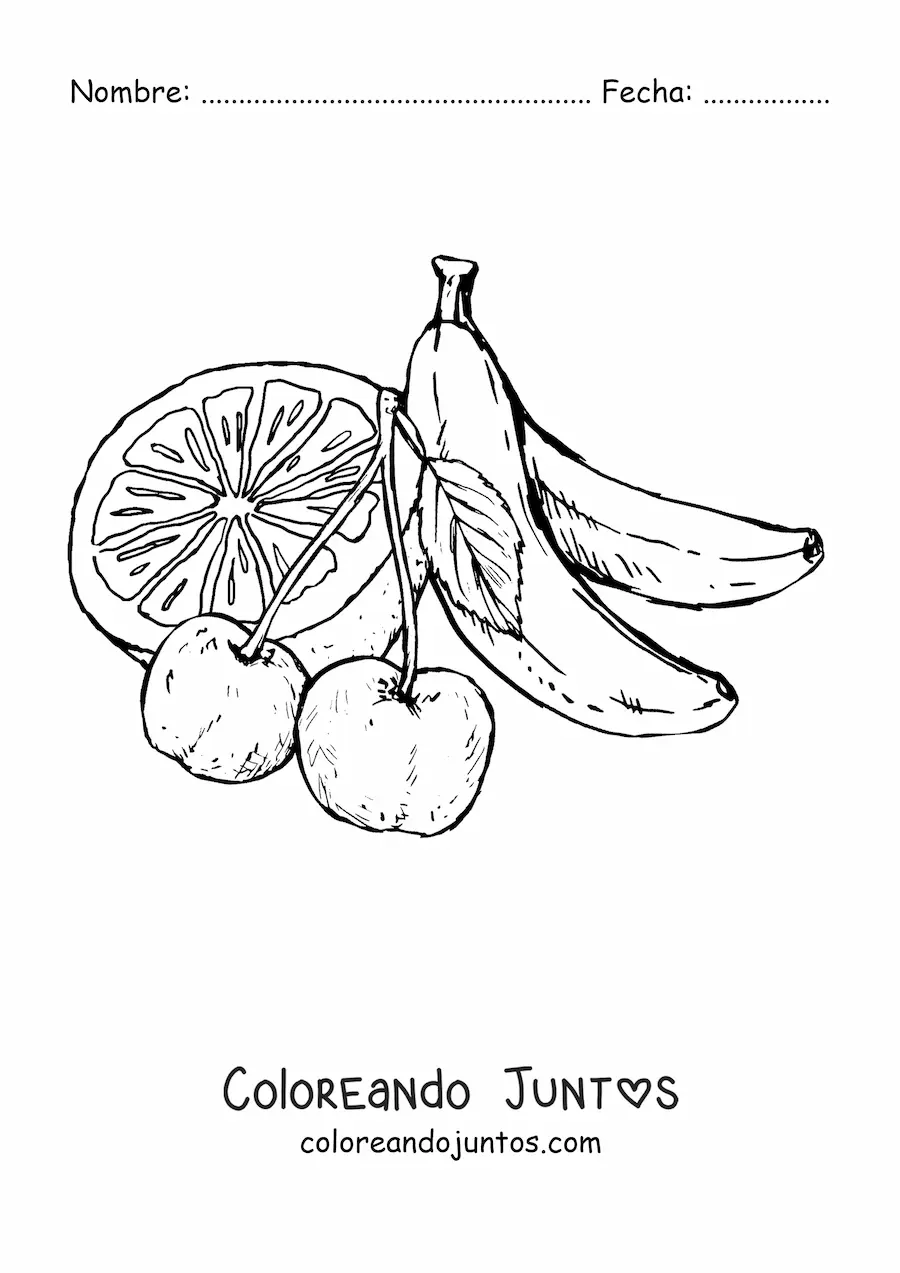Imagen para colorear de dos cerezas con una naranja y bananas atrás