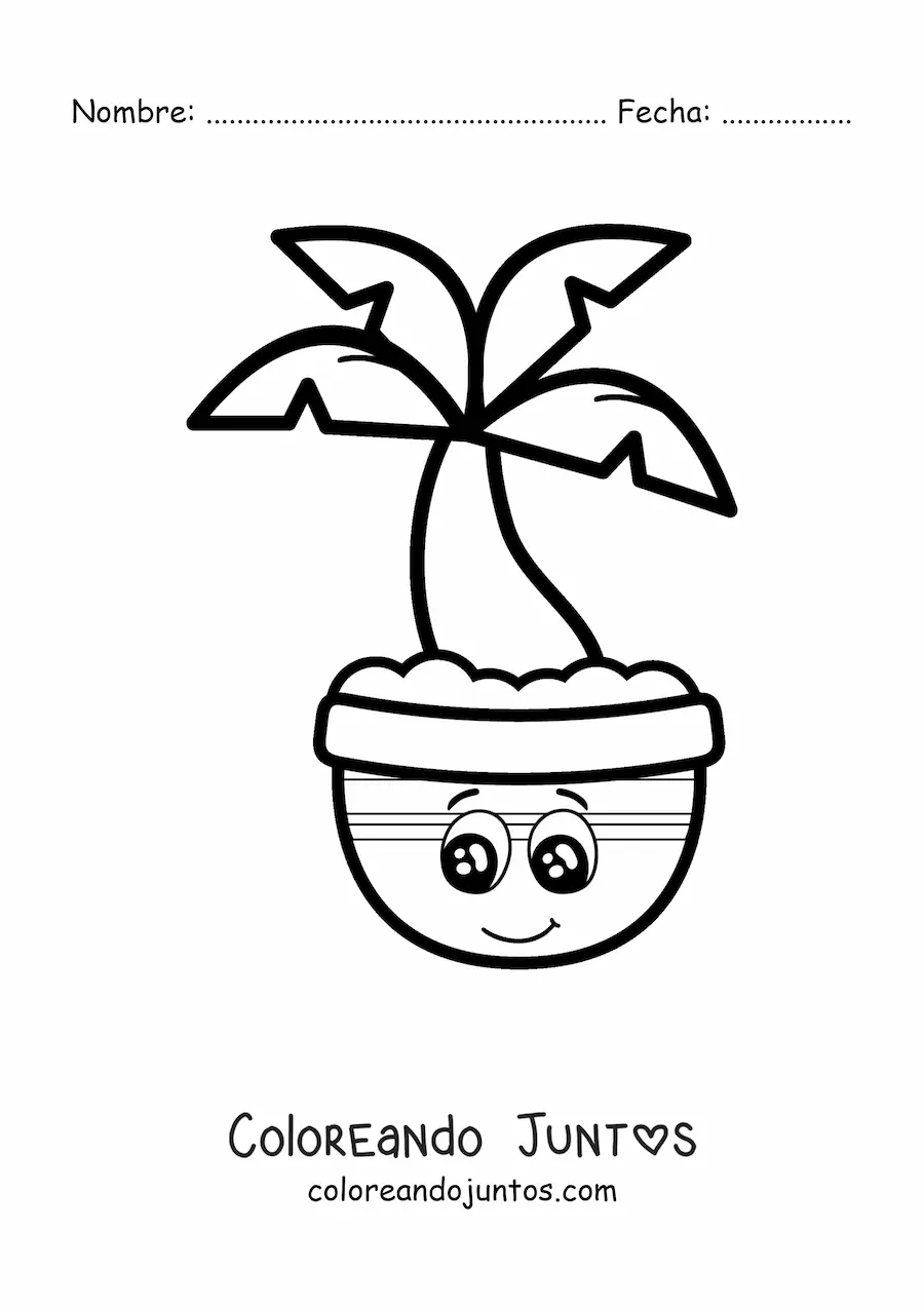Imagen para colorear de palmera kawaii animada en una maceta