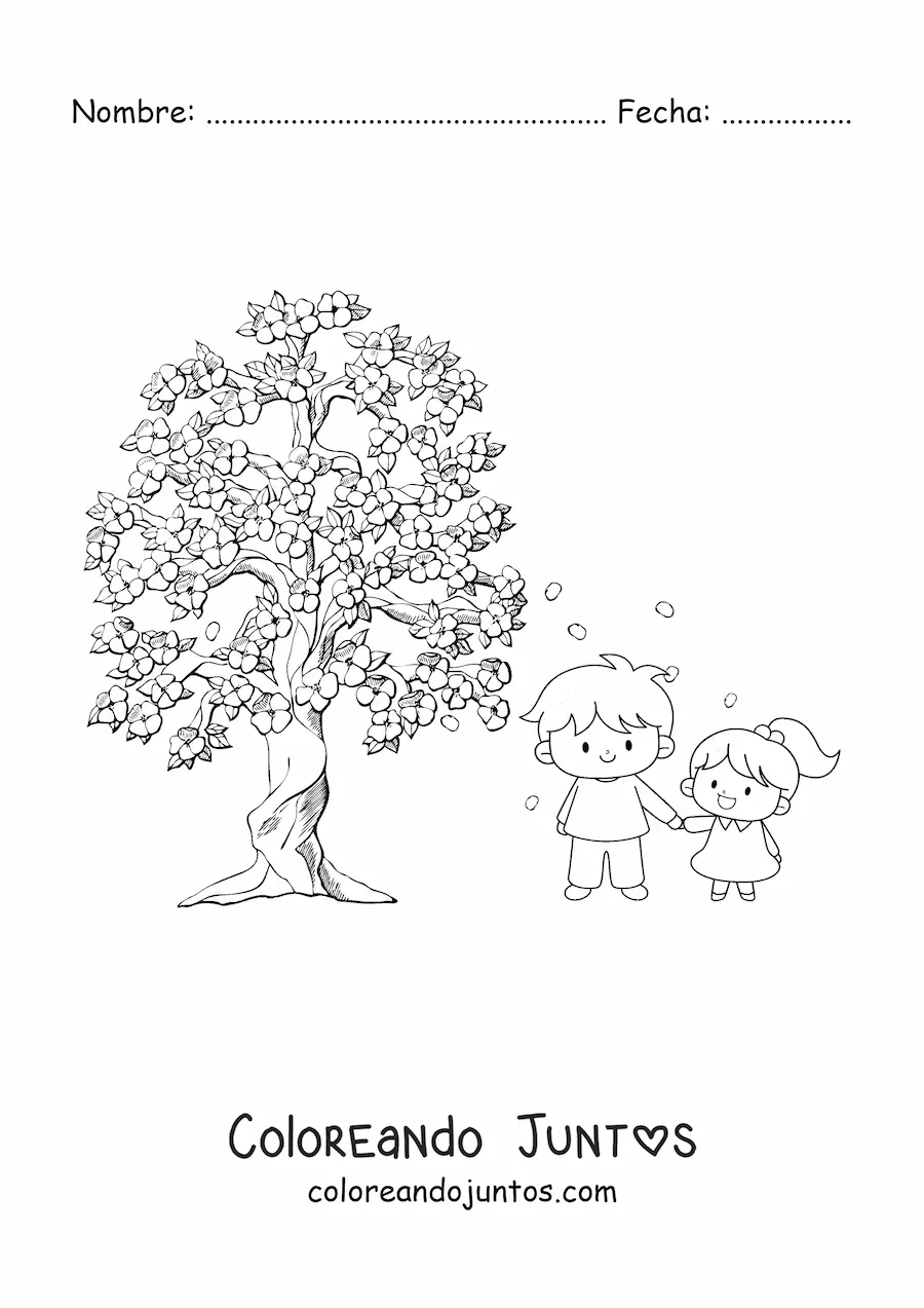 Imagen para colorear de niños y árbol de cerezo