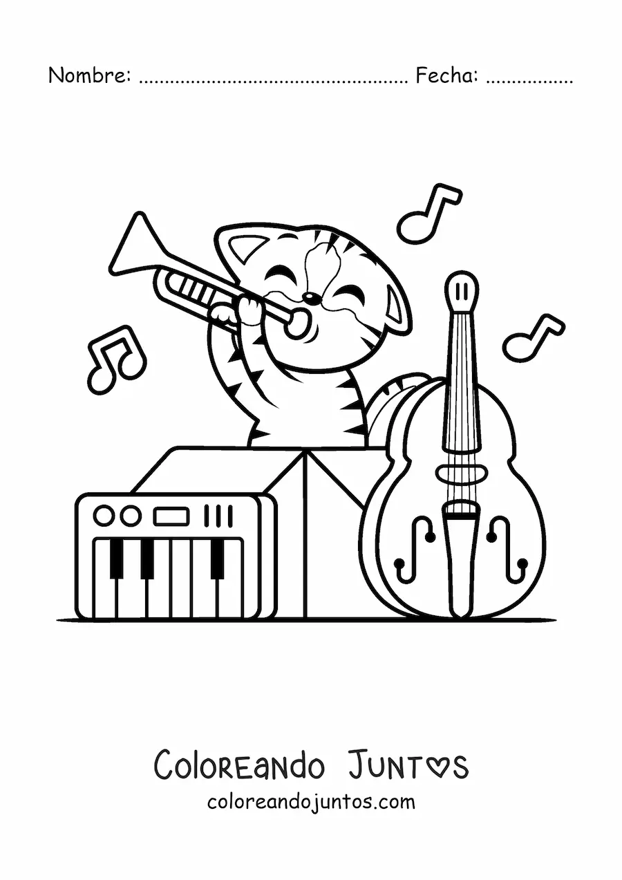 Imagen para colorear de gato kawaii animado tocando instrumentos musicales