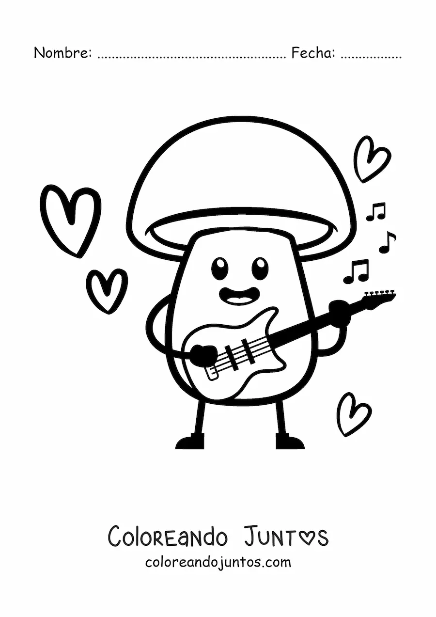 Imagen para colorear de hongo animado kawaii tocando guitarra