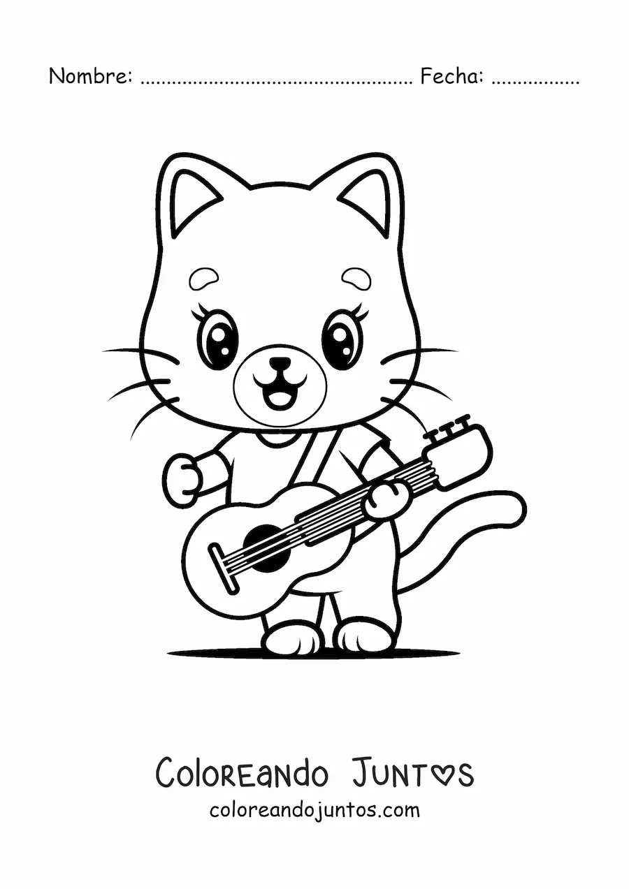 Imagen para colorear de gato animado kawaii tocando guitarra