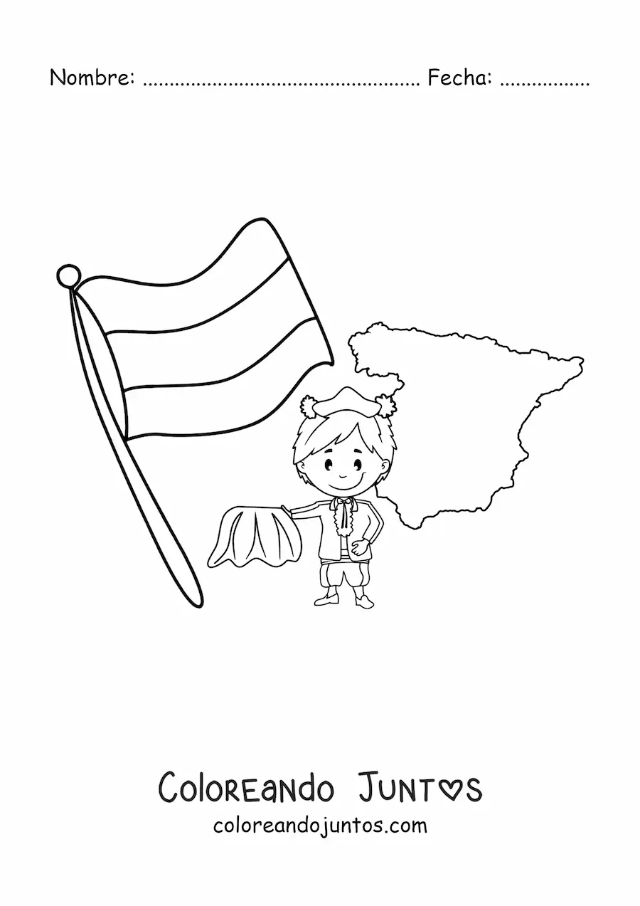 Imagen para colorear de bandera de España sin escudo con torero kawaii y mapa