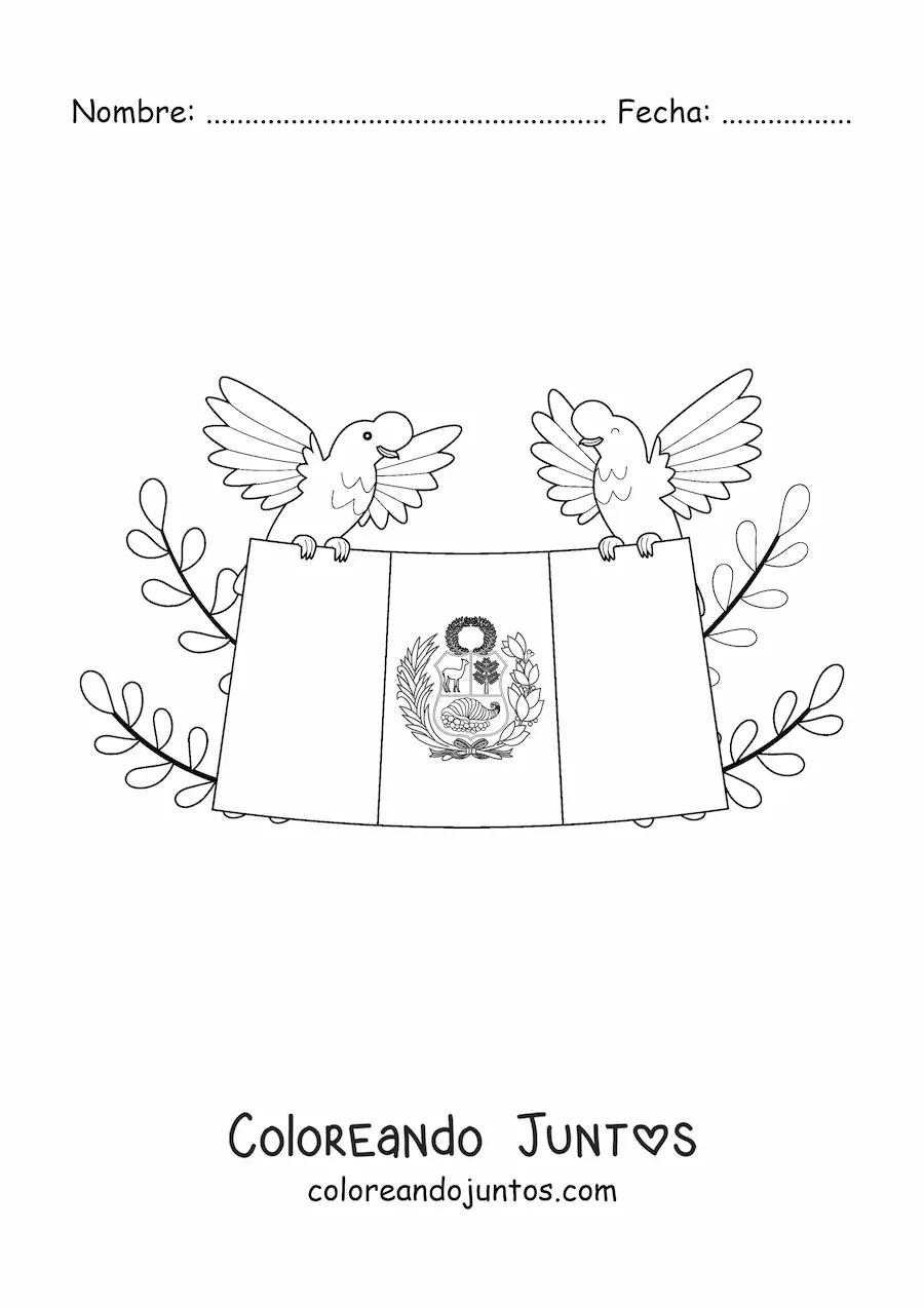 Imagen para colorear de bandera de Perú con ave nacional