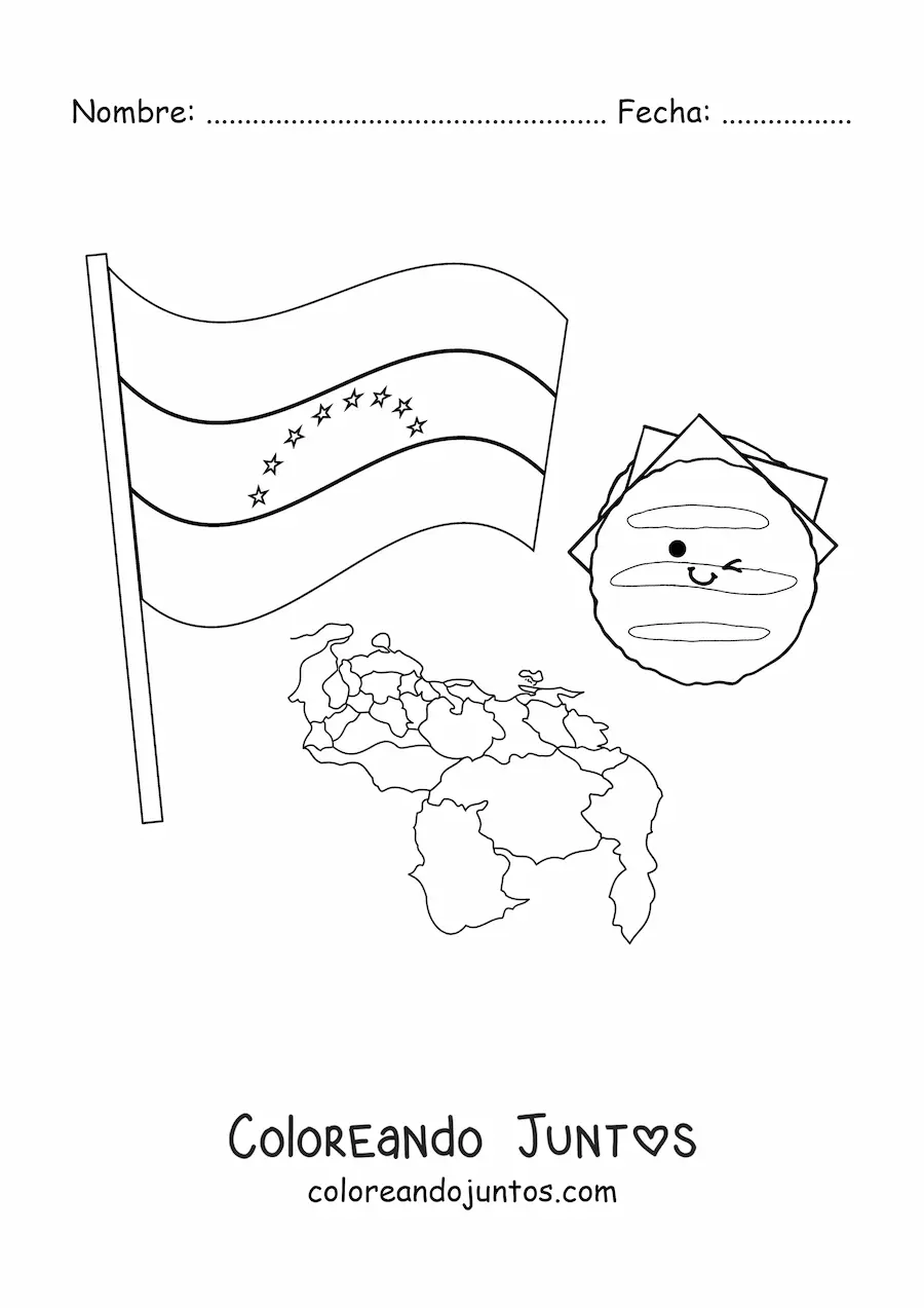 Imagen para colorear de arepa animada con bandera de Venezuela y mapa