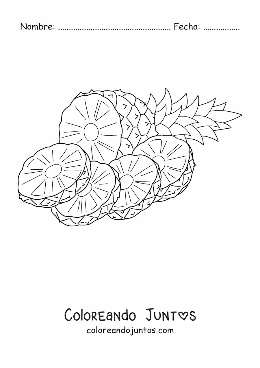 Imagen para colorear de una piña rebanada en cuatro trozos
