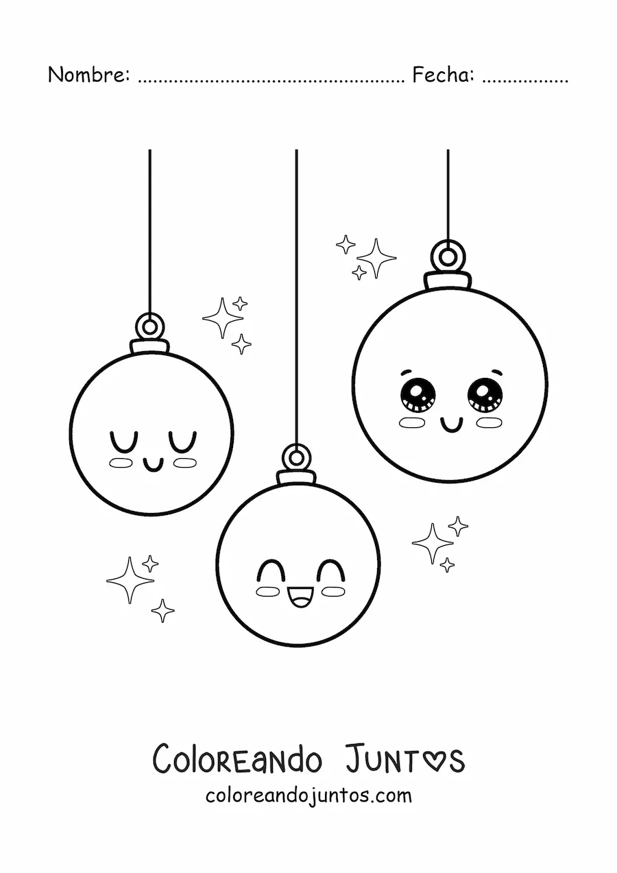 Imagen para colorear de esferas navideñas kawaii animadas