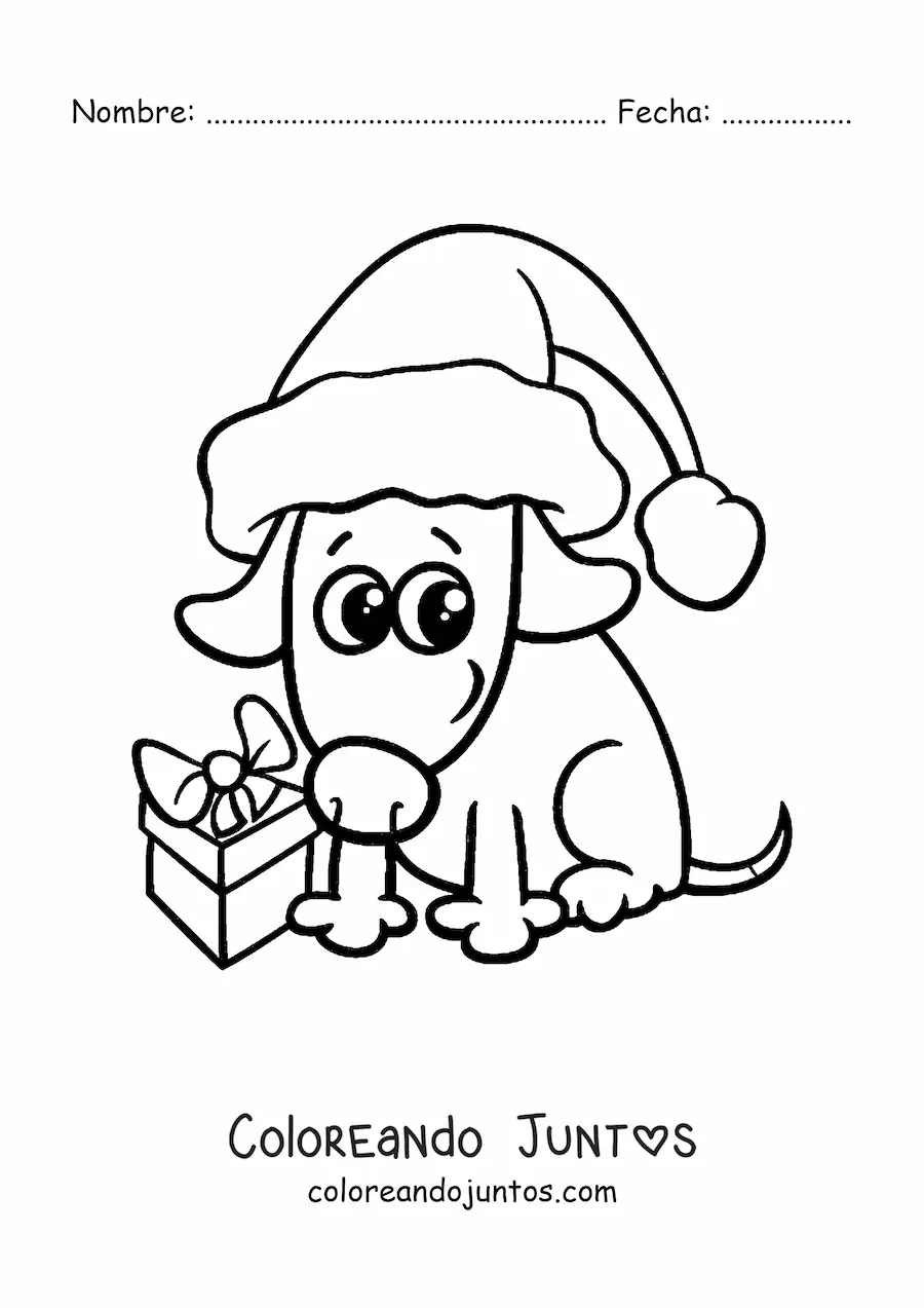 Imagen para colorear de perro kawaii con regalo de Navidad