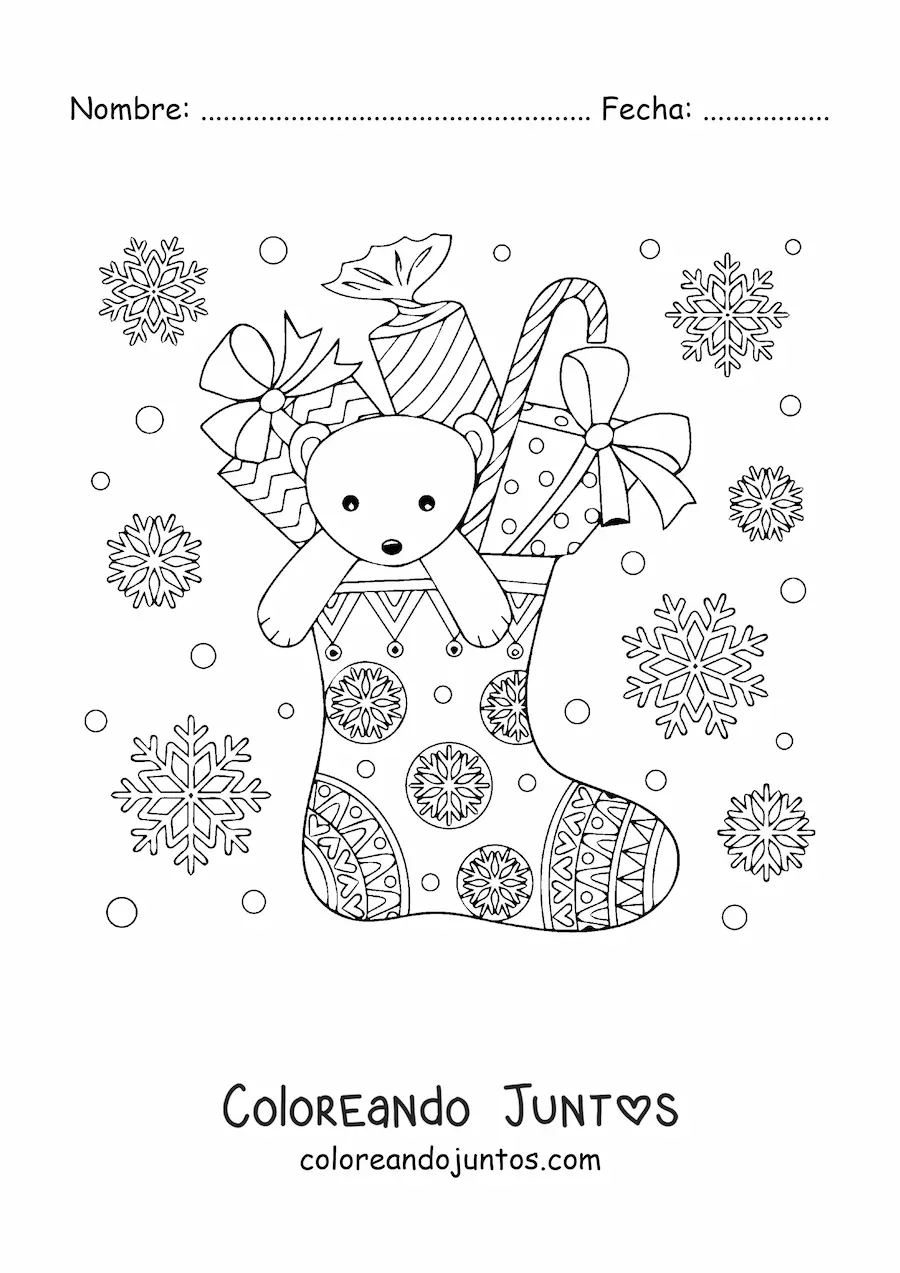 Imagen para colorear de bota de Navidad con regalos y oso de peluche