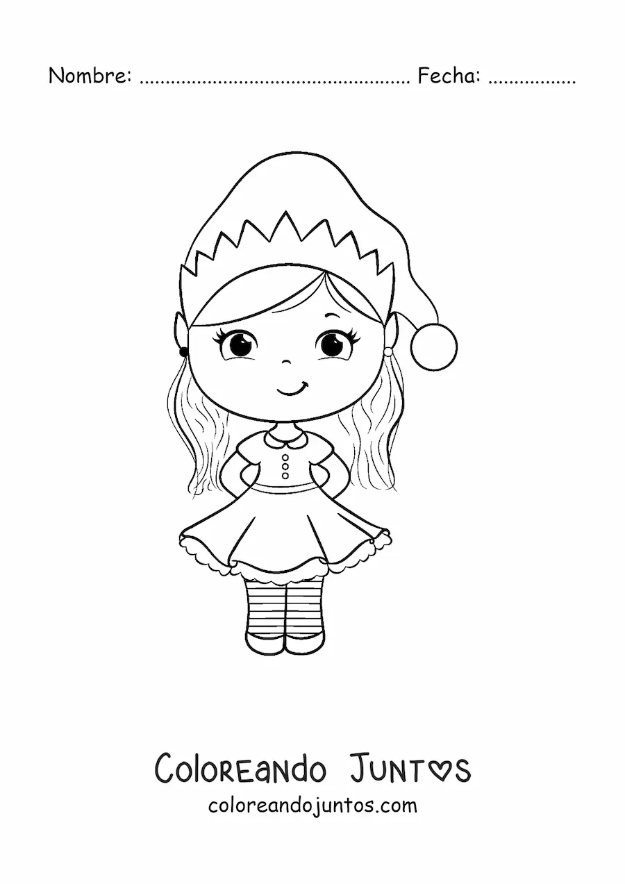 Imagen para colorear de niña kawaii con vestido de Navidad