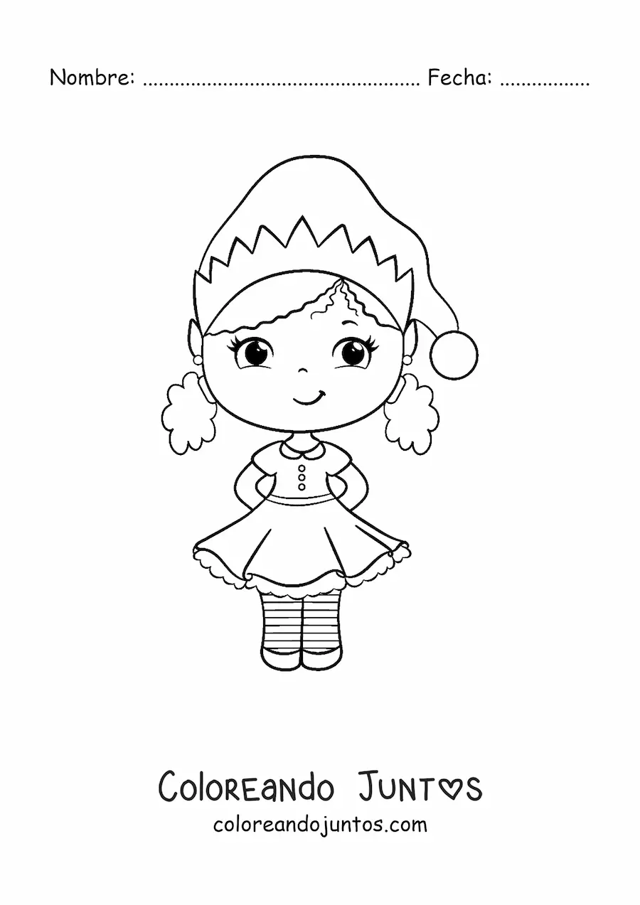 Imagen para colorear de niña tierna con vestido de Navidad
