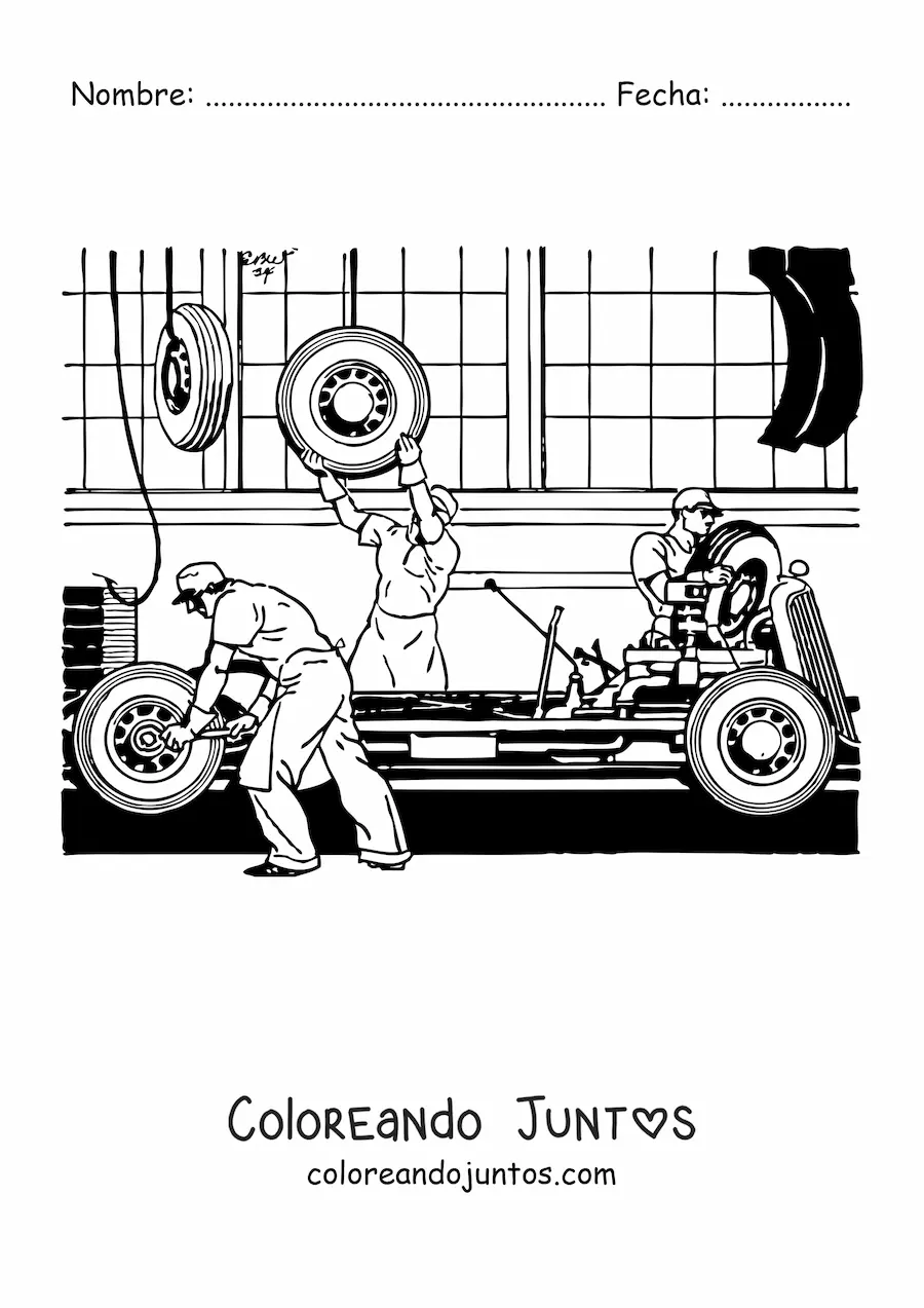 Imagen para colorear de hombres ensamblando un auto en una fábrica